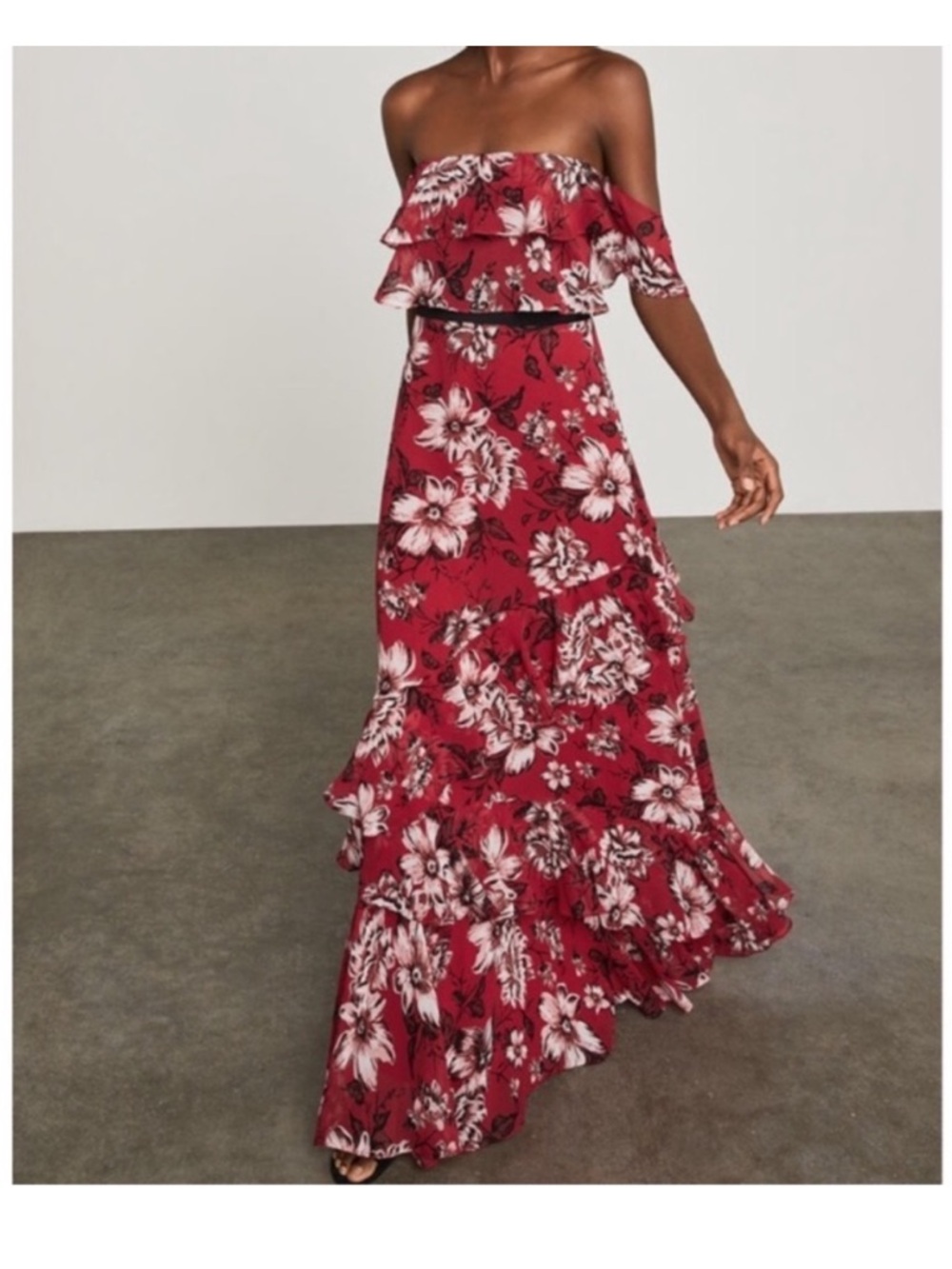 BCBG floral off the shoulder gown